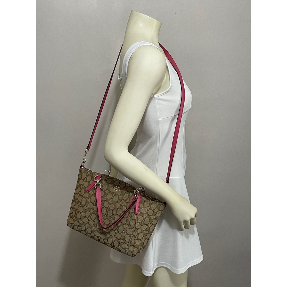 Coach Kelsey Signature Logo Canvas Leather F36625 Large Satchel Pink Khaki - Picture 2 of 14